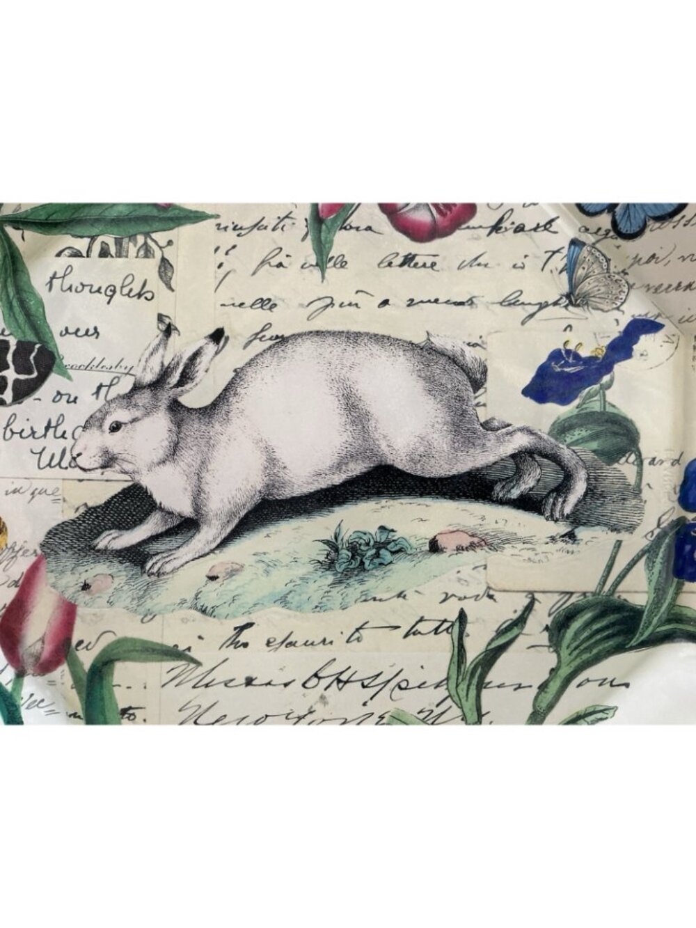 John Derian Rabbit Botanical Octagon Plates Pair Easter Decoupage Glass 10" - Picture 3 of 12